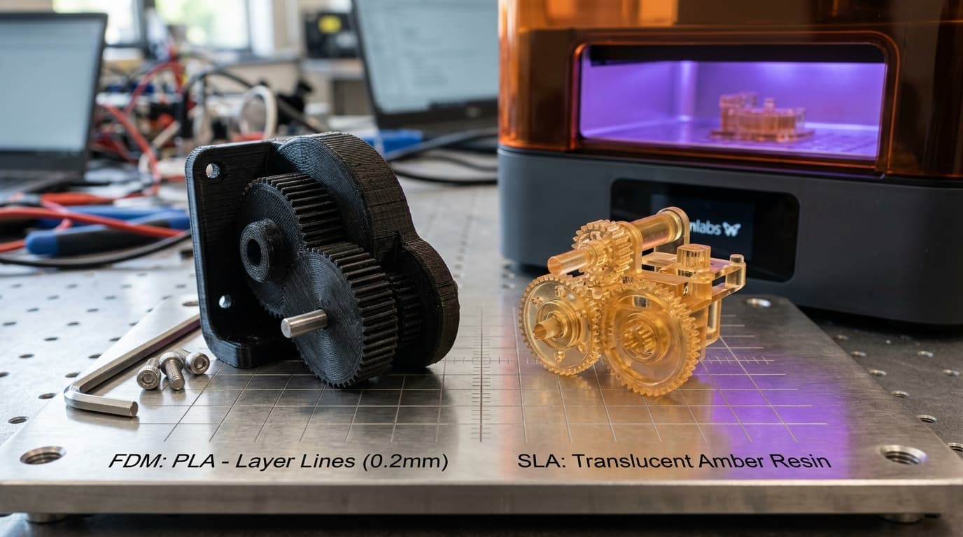 FDM extrusion gear assembly and high-detail SLA translucent resin mechanism with UV cure chamber